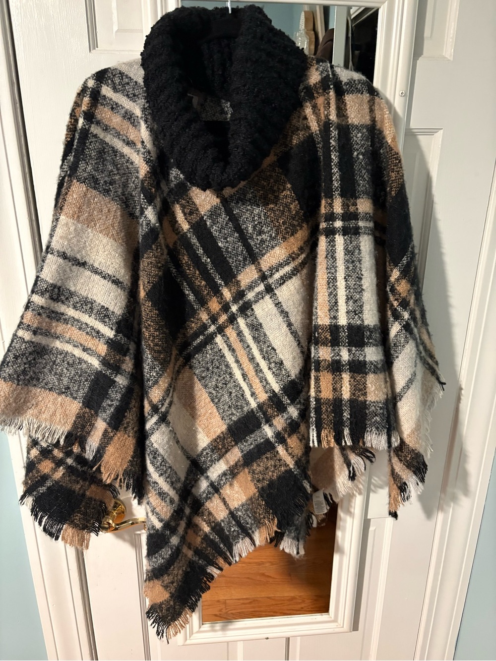 Nordstrom Plaid Shawl Poncho with Black Collar